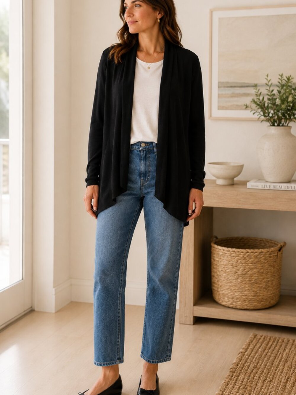 Eileen Fisher Merino Wool Cardigan PL Black Open Front Long Minimalist Sweater